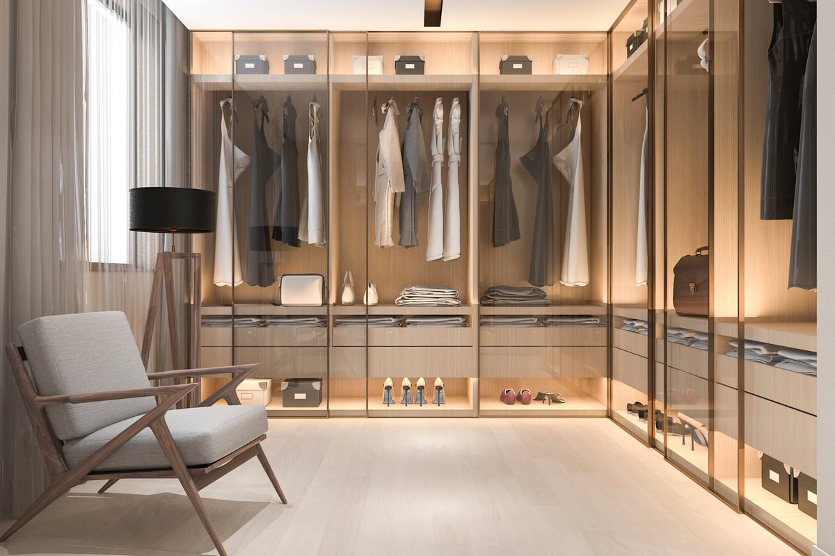 3d rendering minimal scandinavian wood walk in closet with wardrobe