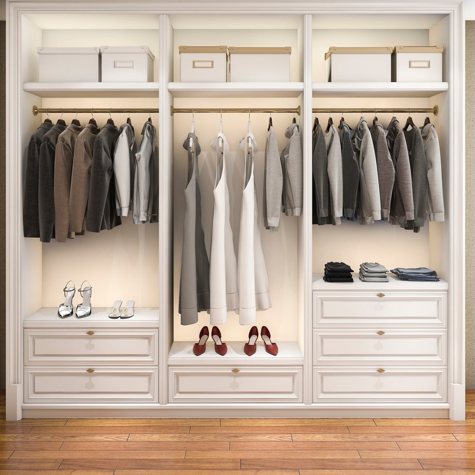 3d rendering modern scandinavian white wood walk in closet with wardrobe